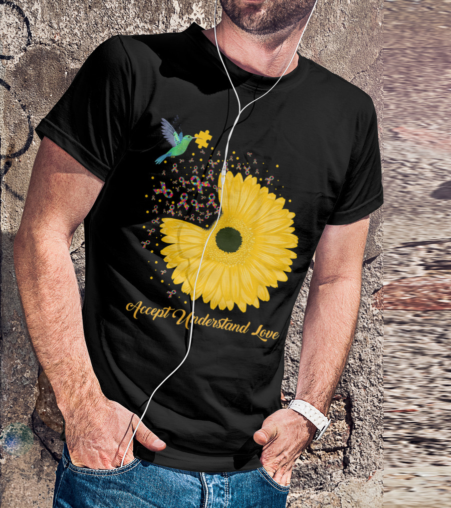 Sunflower Accept Understand Love Puzzle Piece Hummingbird Autism Awareness T-Shirt