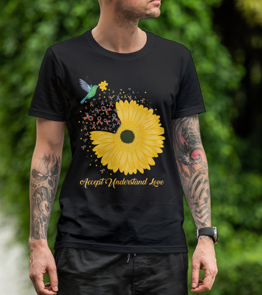 Sunflower Accept Understand Love Puzzle Piece Hummingbird Autism Awareness T-Shirt