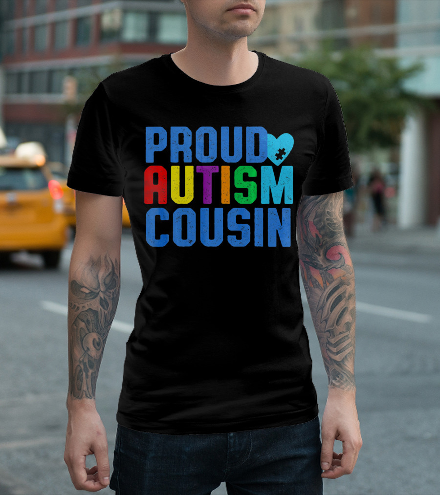 Proud Autism Cousin Family Support Rainbow Puzzle Heart T-Shirt