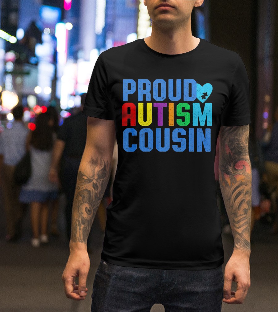 Proud Autism Cousin Family Support Rainbow Puzzle Heart T-Shirt