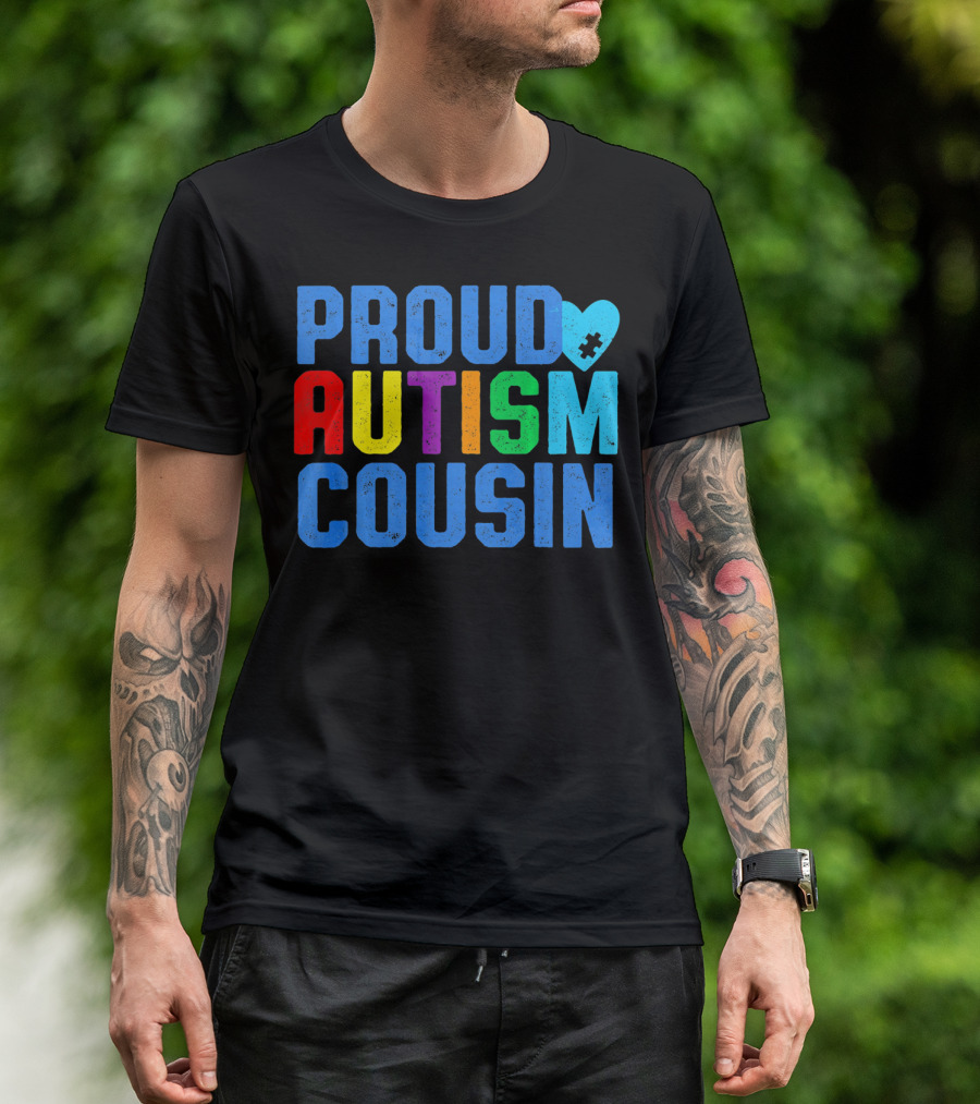 Proud Autism Cousin Family Support Rainbow Puzzle Heart T-Shirt