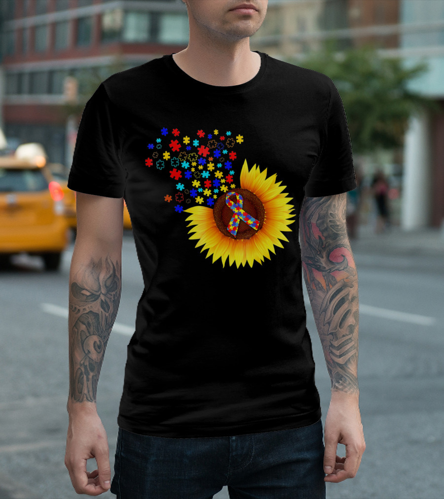 Sunflower Autism Awareness Ribbon with Colorful Puzzle Pieces T-Shirt