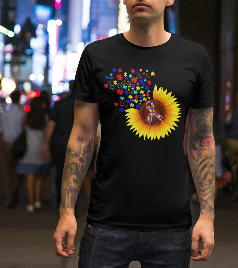 Sunflower Autism Awareness Ribbon With Colorful Puzzle Pieces T-Shirt
