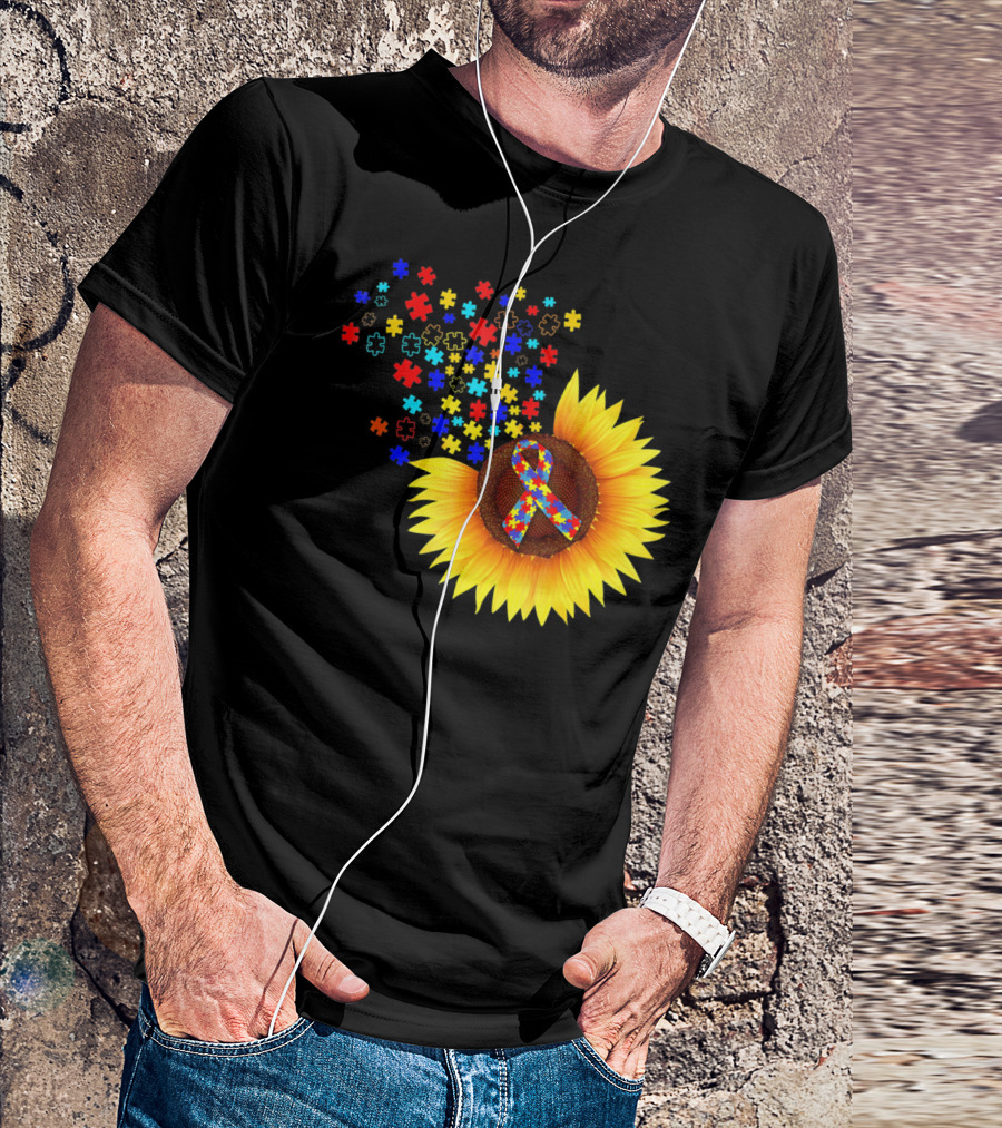 Sunflower Autism Awareness Ribbon With Colorful Puzzle Pieces T-Shirt
