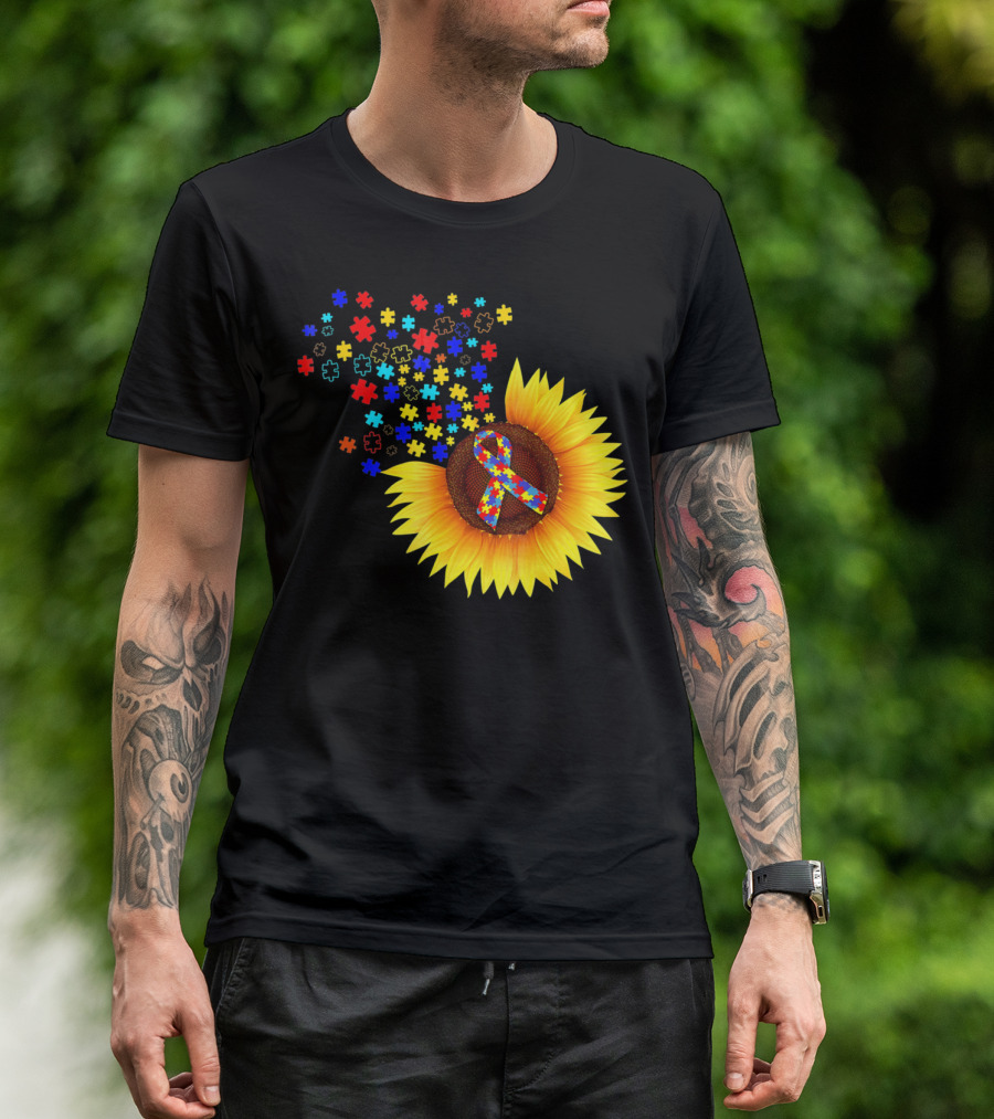 Sunflower Autism Awareness Ribbon With Colorful Puzzle Pieces T-Shirt
