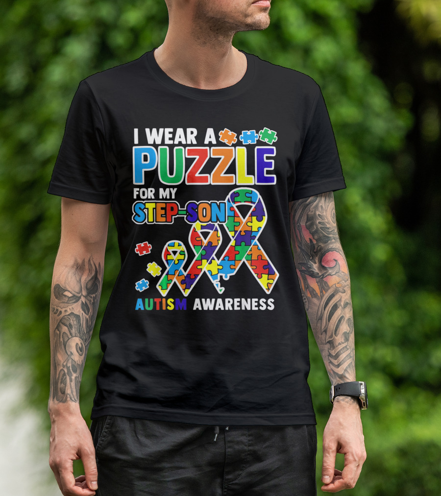 I Wear A Puzzle For My Step-Son Autism Awareness T-Shirt