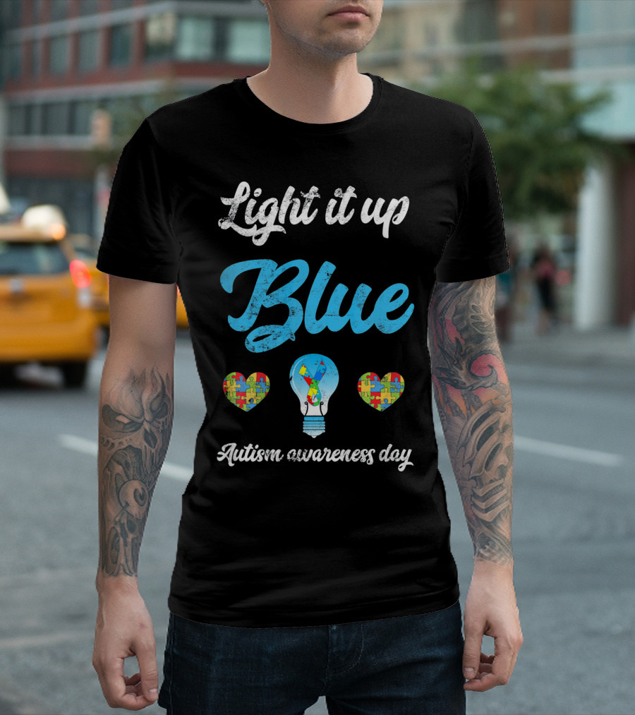Light It Up Blue Autism Awareness Day Puzzle Hearts Lightbulb T-Shirt