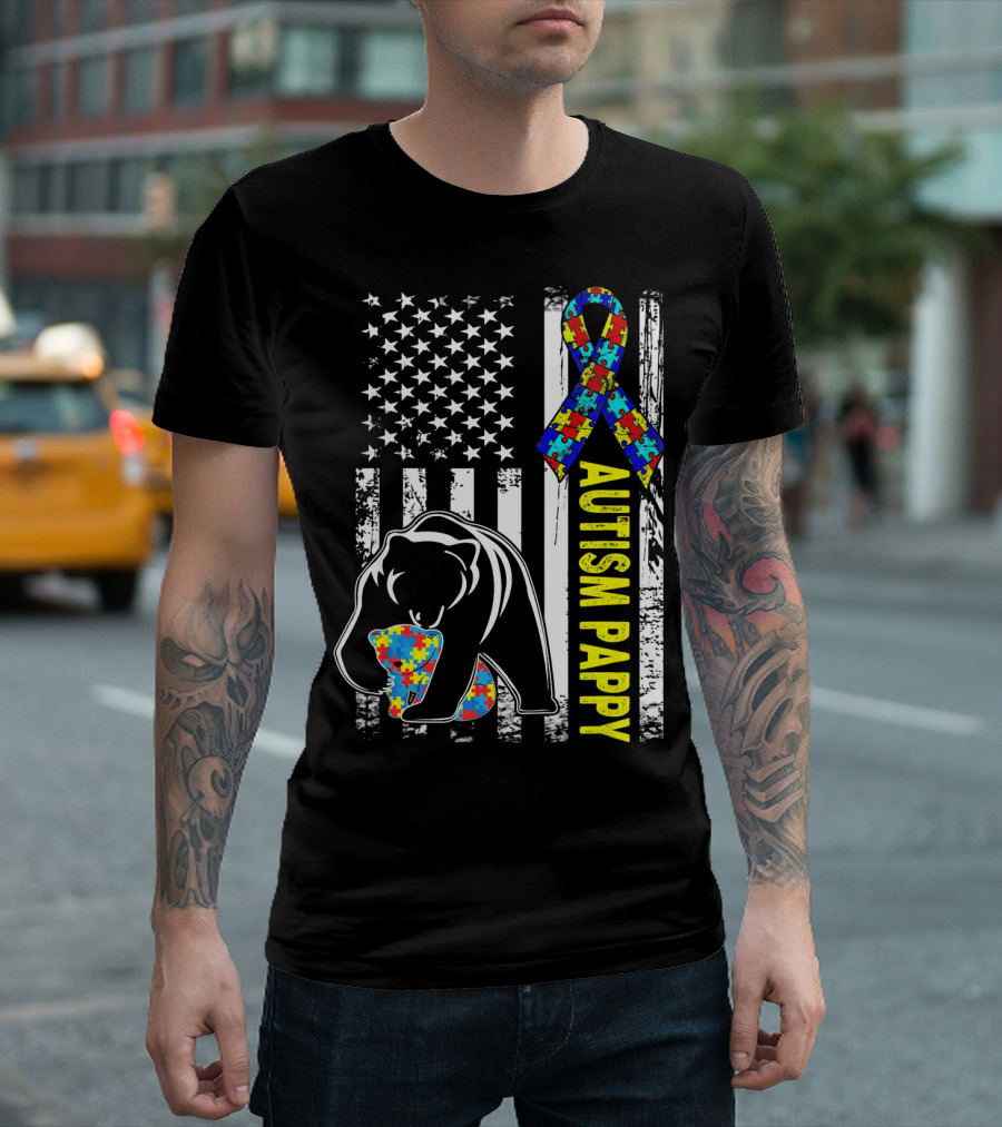 Autism Pappy American Flag Bear Ribbon Puzzle Awareness T-Shirt