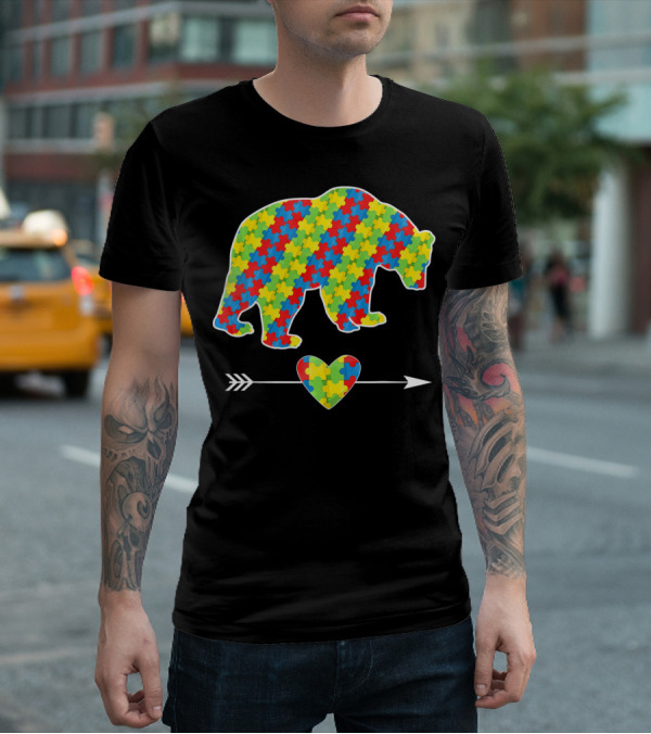 Bear With Puzzle Pieces And Arrow Heart Autism Awareness T-Shirt