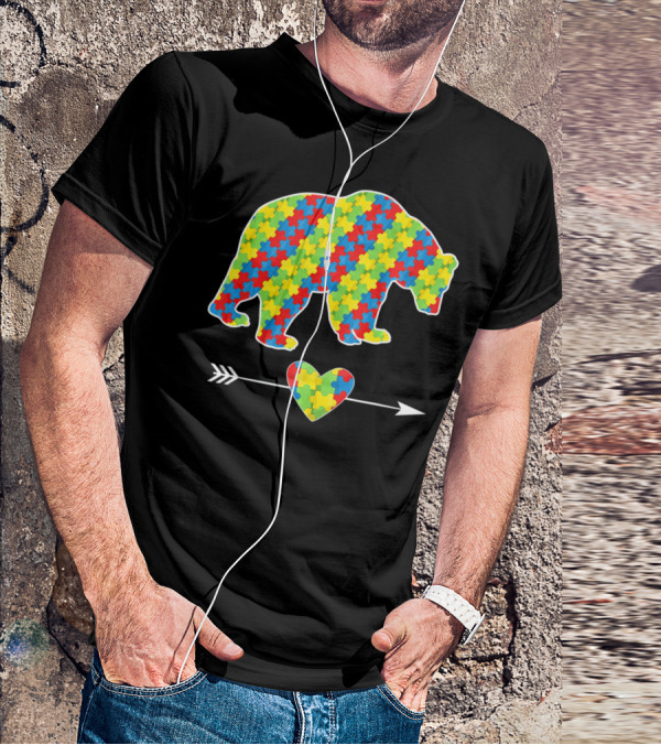 Bear With Puzzle Pieces And Arrow Heart Autism Awareness T-Shirt