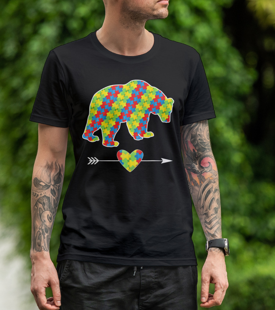 Bear With Puzzle Pieces And Arrow Heart Autism Awareness T-Shirt
