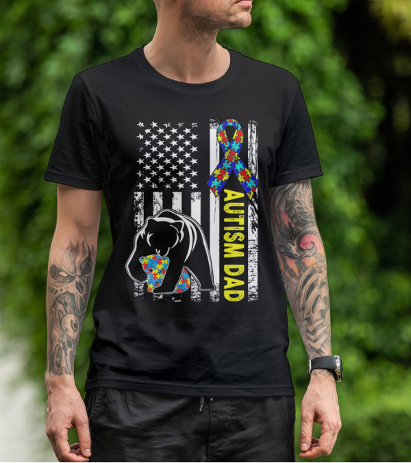 Autism Dad Awareness Bear American Flag Puzzle T-Shirt