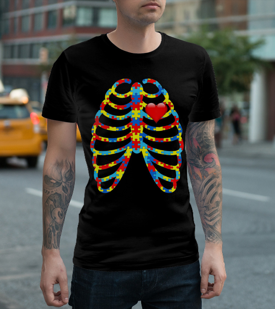 Colorful Puzzle Skeleton Rib Cage Autism Awareness Heart T-Shirt