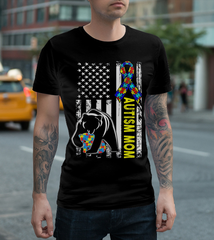 Autism Mom Bear with Puzzle Ribbon and American Flag T-Shirt