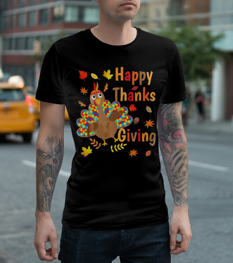 Happy Thanksgiving Turkey Autism Awareness Puzzle Piece Leaves T-Shirt
