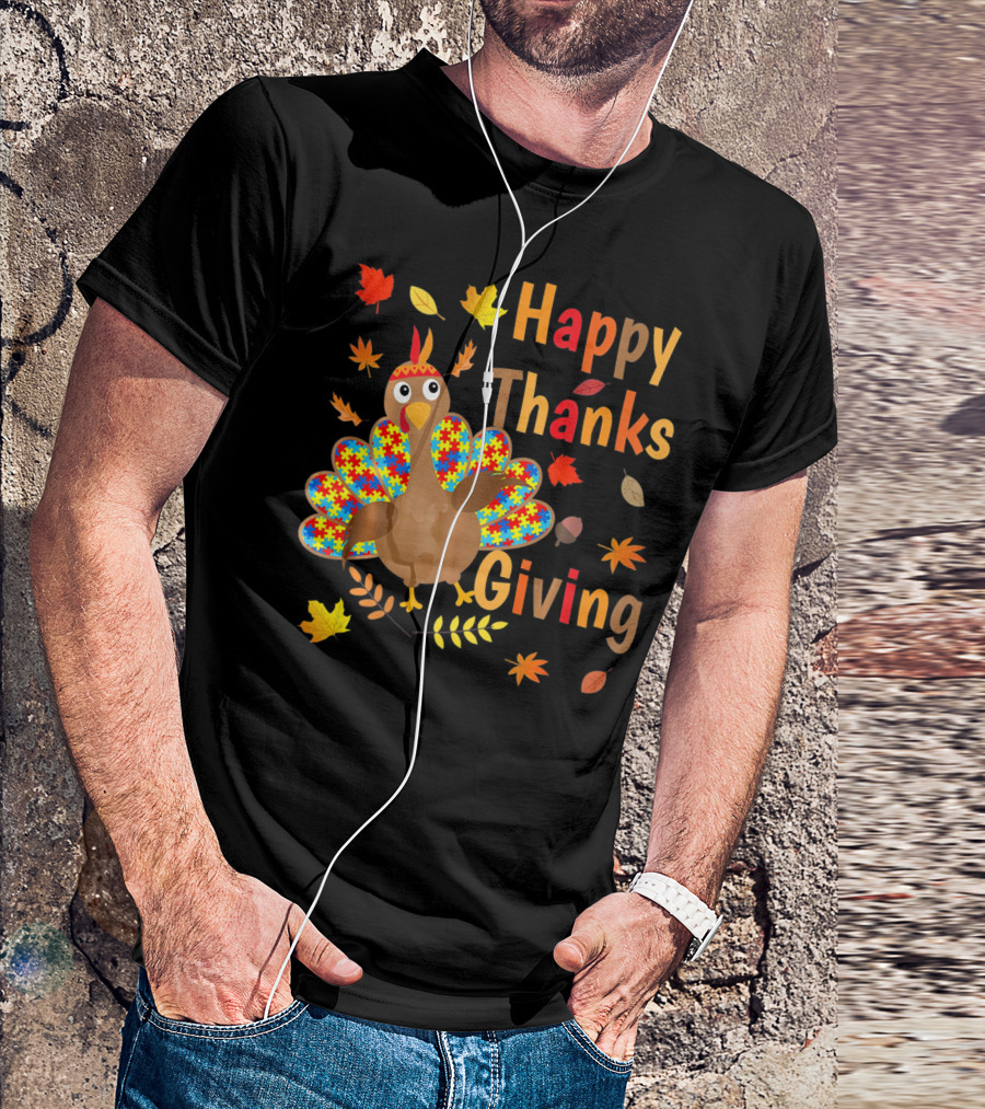 Happy Thanksgiving Turkey Autism Awareness Puzzle Piece Leaves T-Shirt