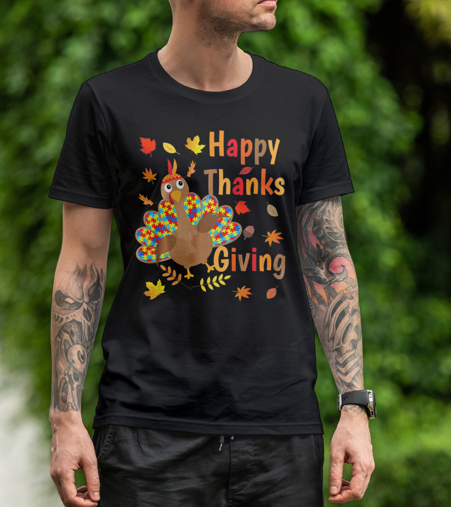 Happy Thanksgiving Turkey Autism Awareness Puzzle Piece Leaves T-Shirt