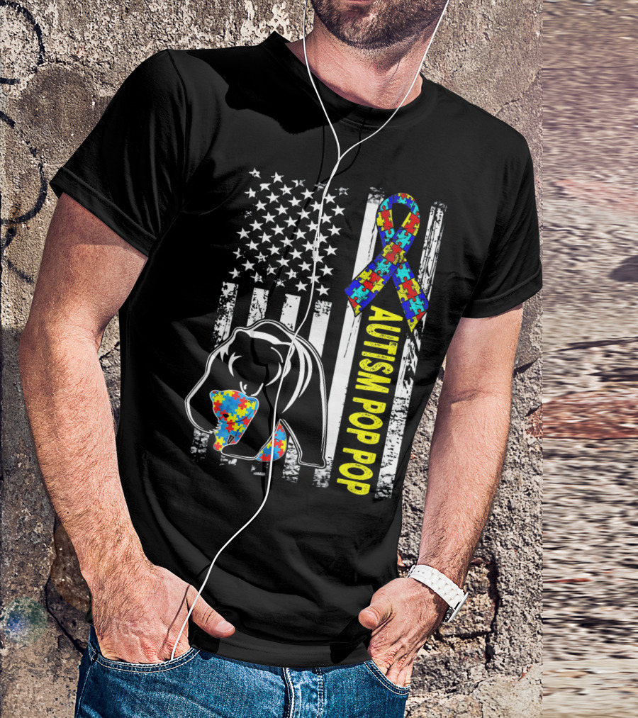 Autism Pop Pop American Flag Bear Puzzle T-Shirt