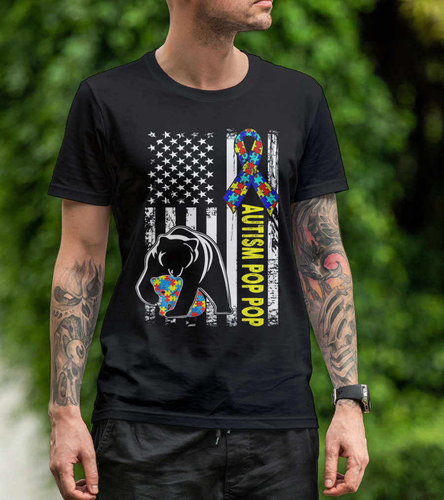 Autism Pop Pop American Flag Bear Puzzle T-Shirt