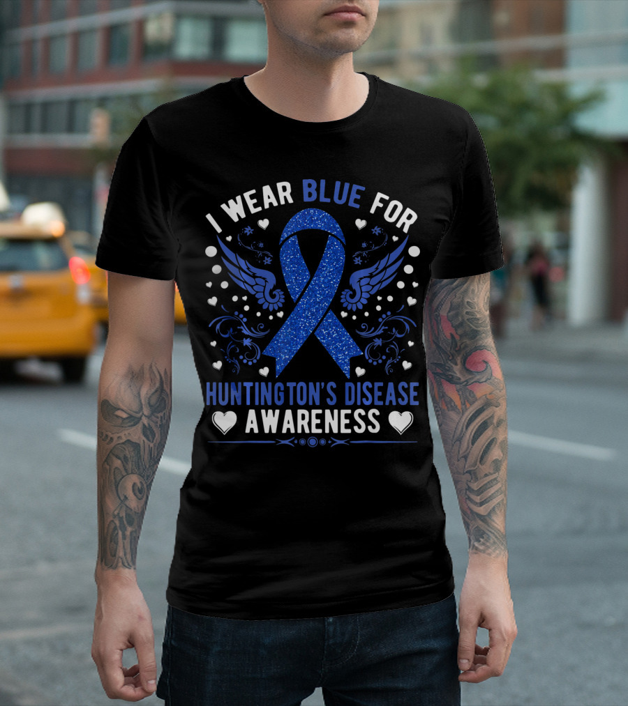 I Wear Blue for Huntington's Disease Awareness Ribbon Wings Hearts T-Shirt