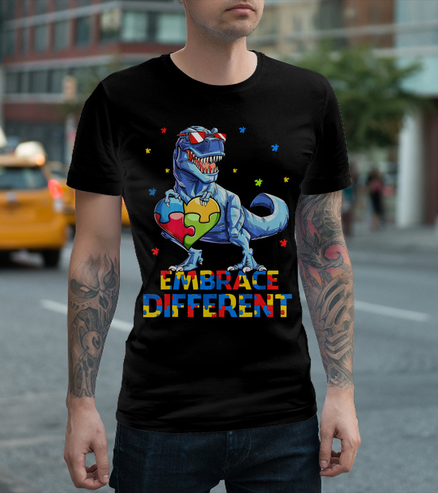 T Rex Embrace Different Autism Awareness Puzzle Heart T-Shirt