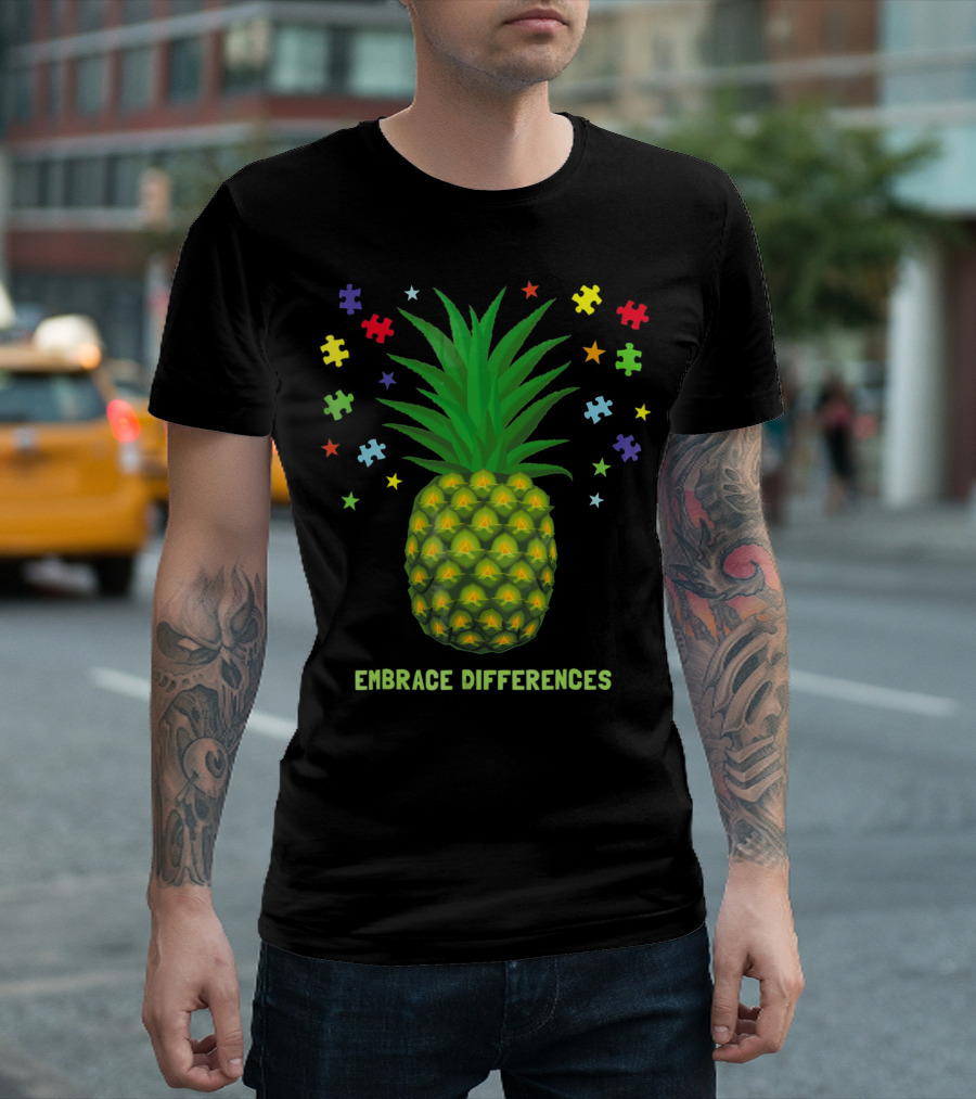 Embrace Differences Autism Awareness Beach Pineapple Puzzle Pieces T-Shirt