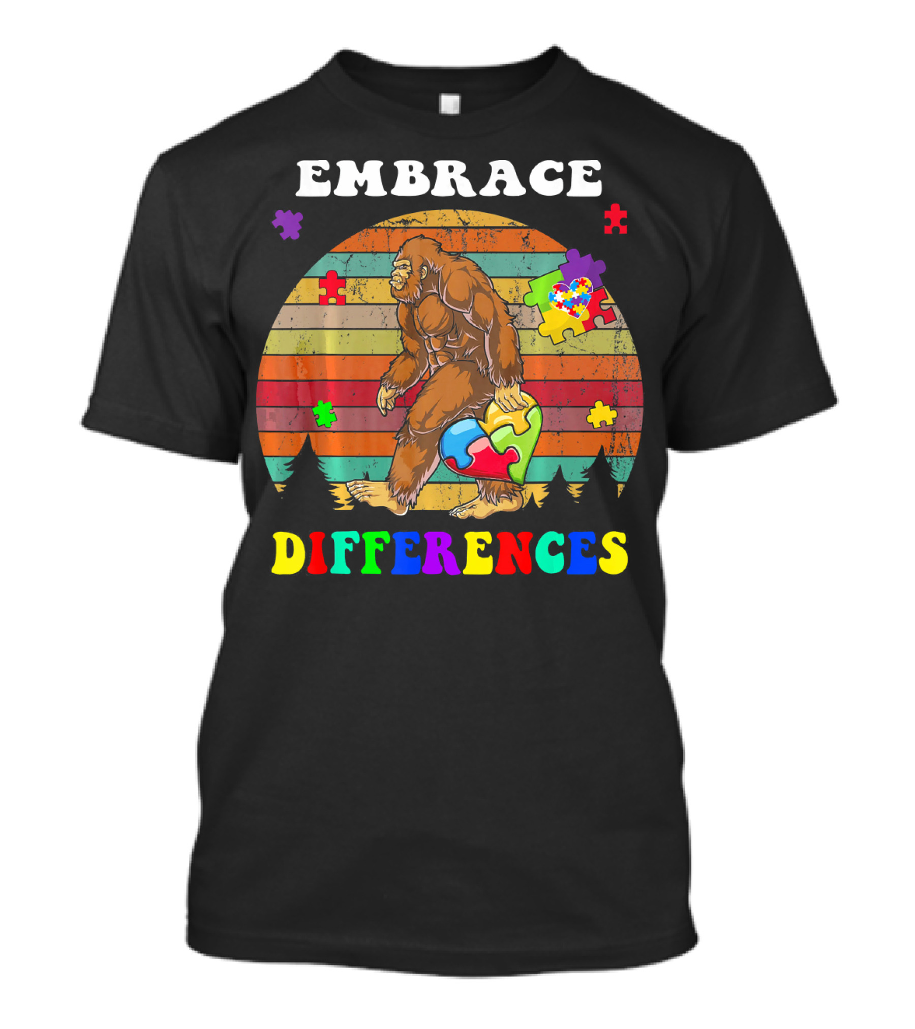 Embrace Differences Autism Awareness Bigfoot With Puzzle Pieces T-Shirt
