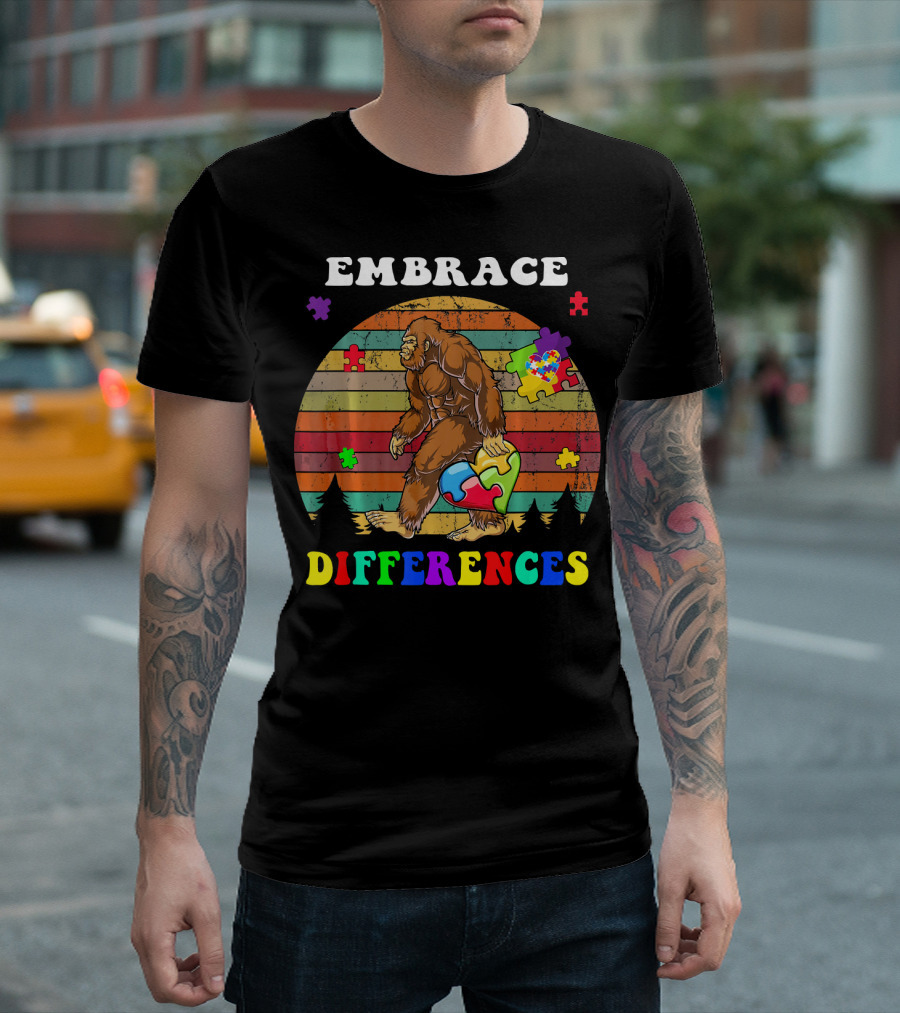 Embrace Differences Autism Awareness Bigfoot with Puzzle Pieces T-Shirt