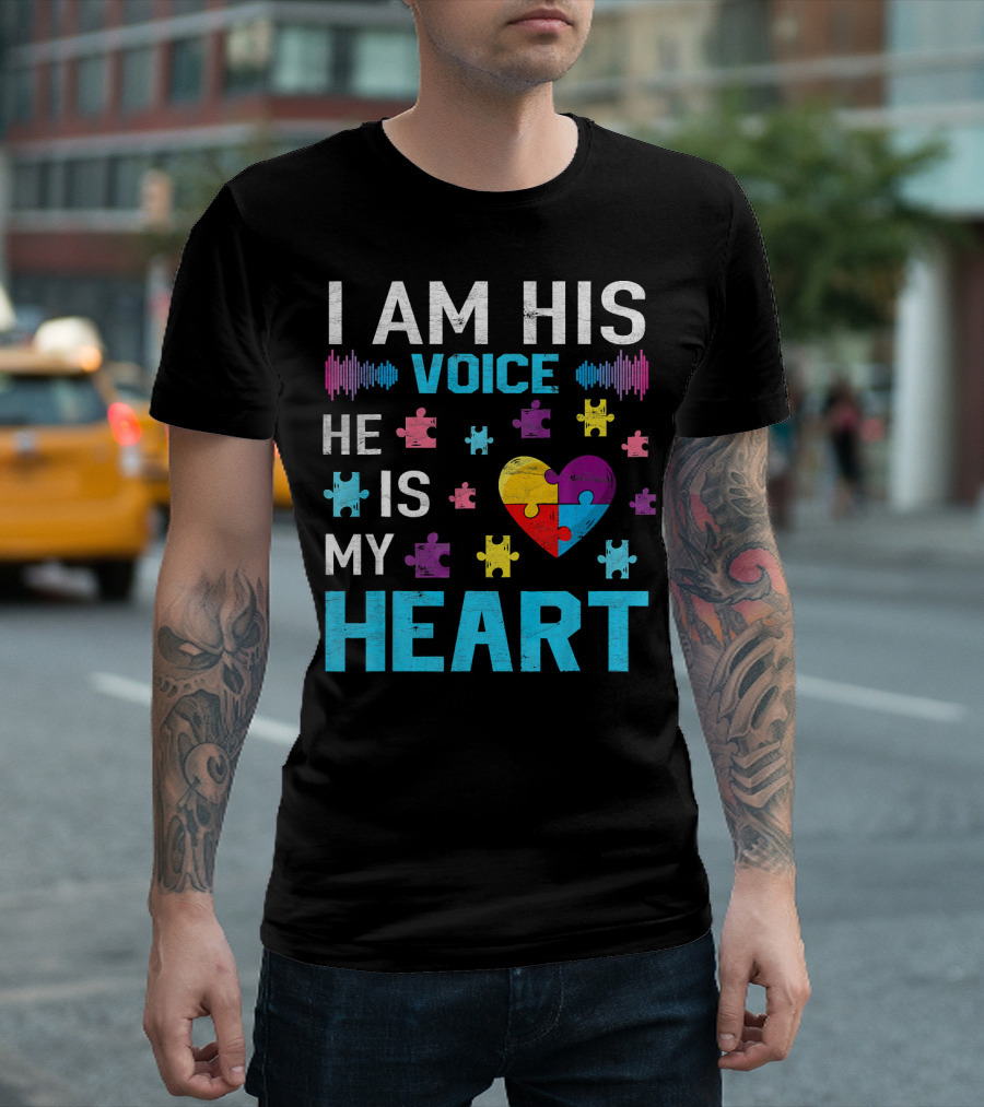I Am His Voice He Is My Heart Puzzle Heart Autism Awareness T-Shirt