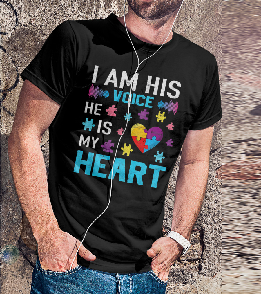 I Am His Voice He Is My Heart Puzzle Heart Autism Awareness T-Shirt