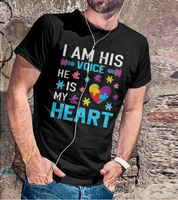 I Am His Voice He Is My Heart Puzzle Heart Autism Awareness T-Shirt