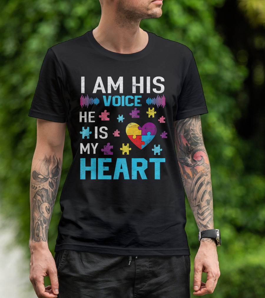 I Am His Voice He Is My Heart Puzzle Heart Autism Awareness T-Shirt