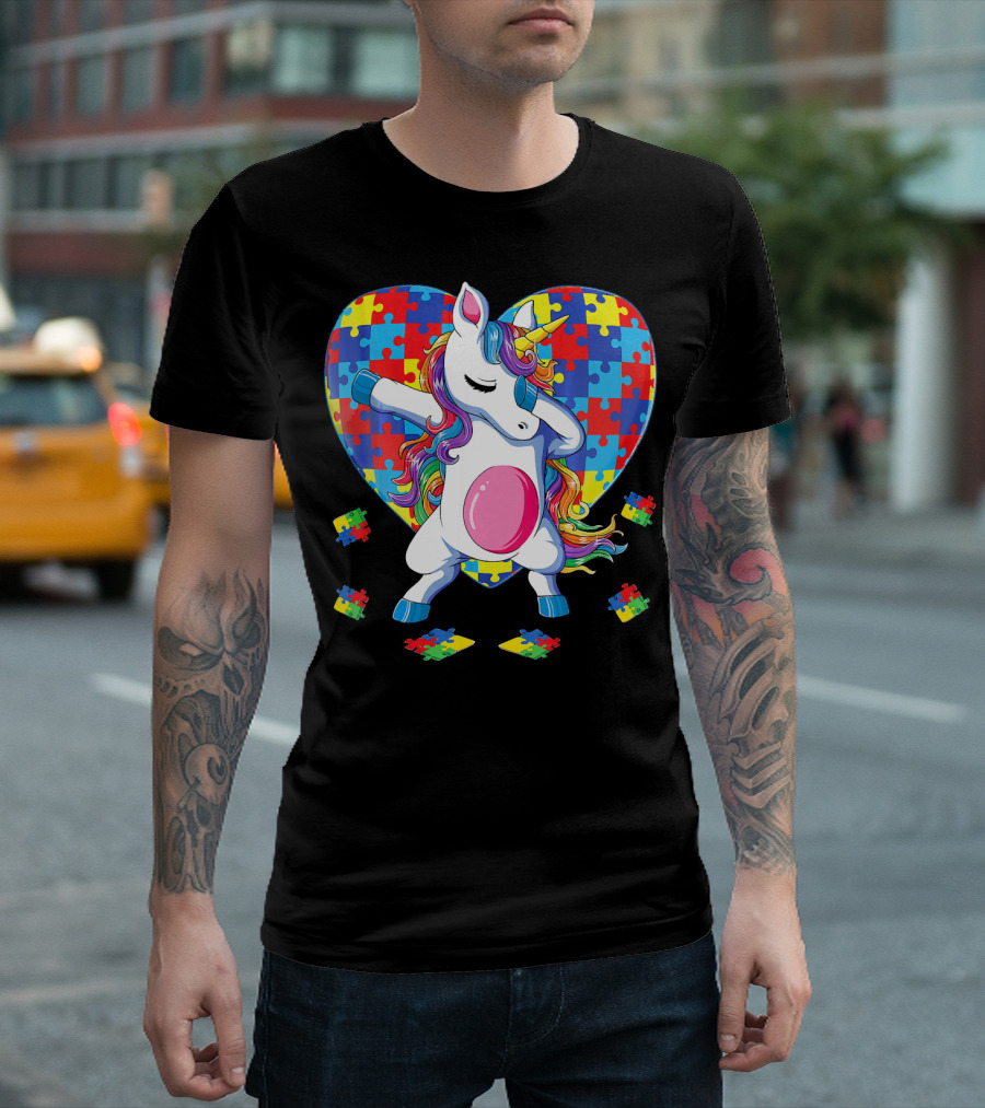 Dabbing Unicorn with Autism Awareness Puzzle Heart T-Shirt