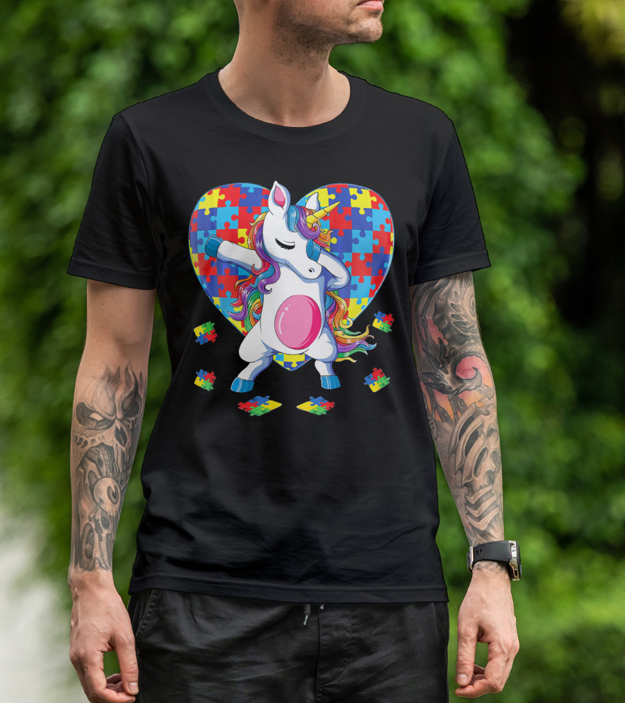 Dabbing Unicorn With Autism Awareness Puzzle Heart T-Shirt