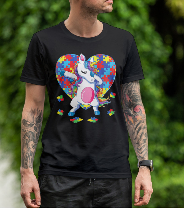 Dabbing Unicorn With Autism Awareness Puzzle Heart T-Shirt