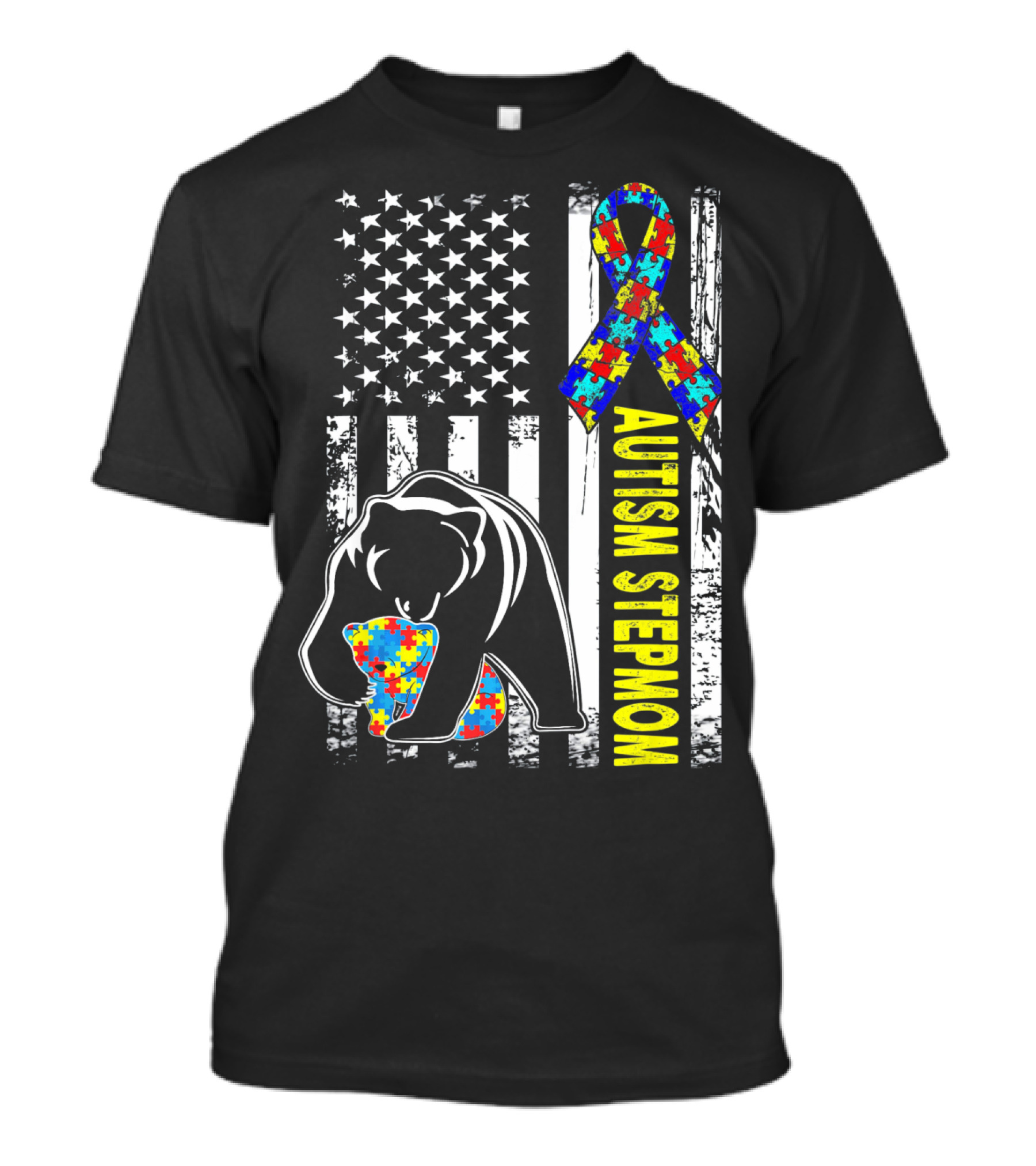 Autism Stepmom Bear American Flag Puzzle T-Shirt
