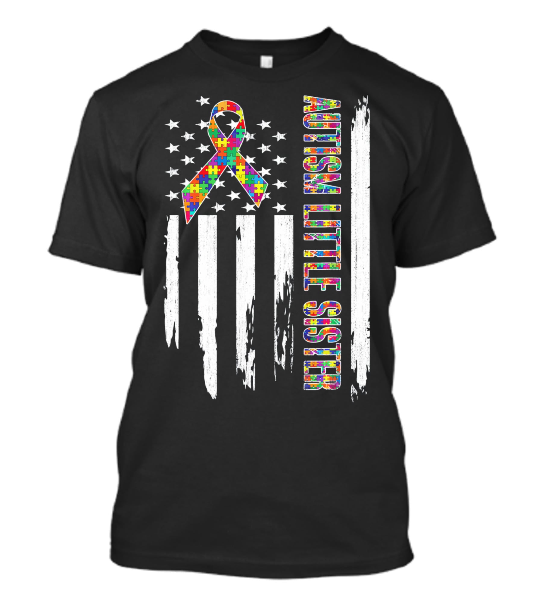 Autism Little Sister Puzzle Ribbon American Flag T-Shirt