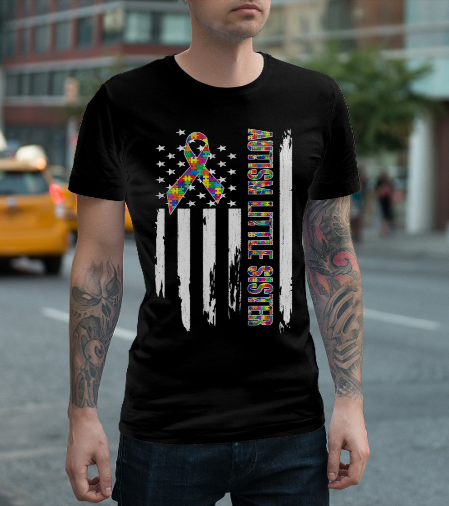 Autism Little Sister Puzzle Ribbon American Flag T-Shirt