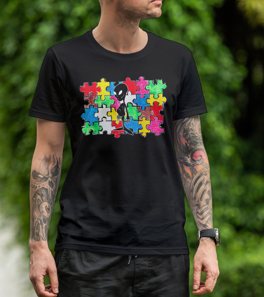 Alien UFO Autism Awareness Puzzle Piece T-Shirt