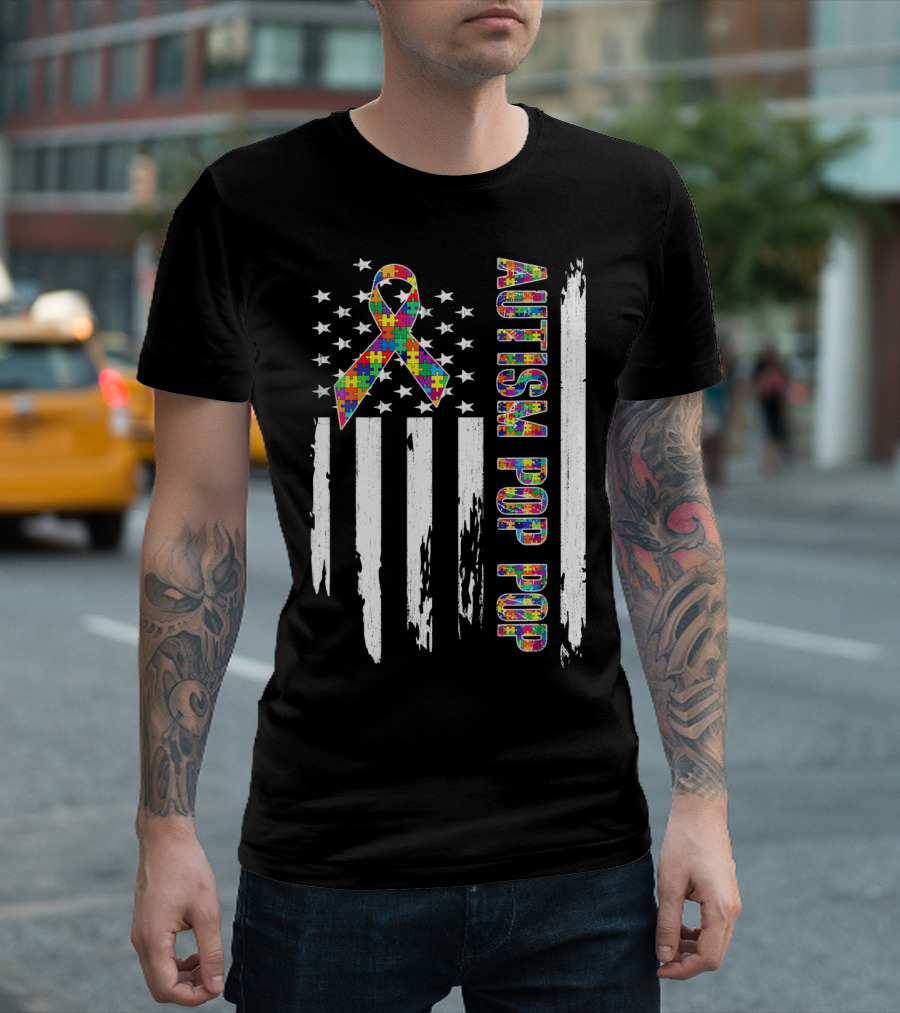 Autism Pop Pop American Flag Puzzle T-Shirt