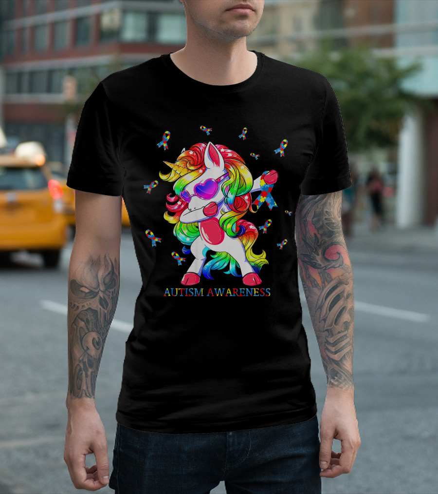 Autism Awareness Dabbing Unicorn Puzzle Ribbon T-Shirt
