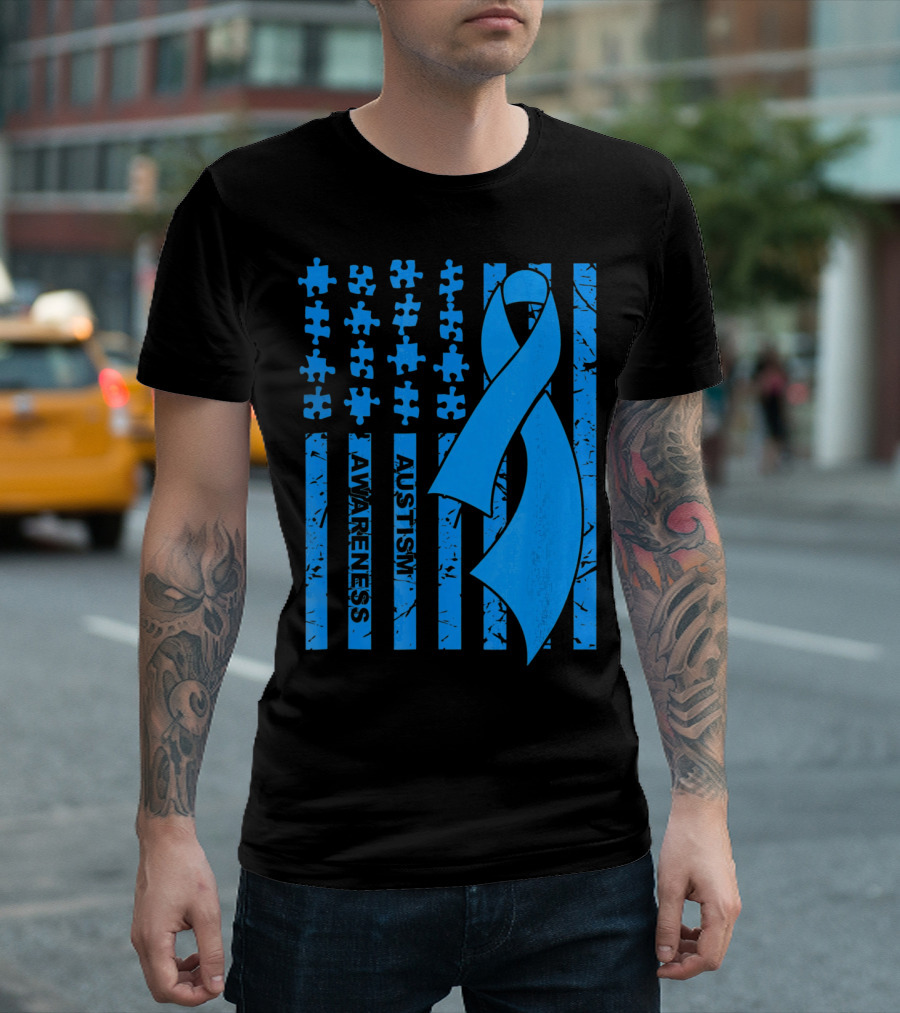 Autism Awareness Flag With Puzzle Pieces And Blue T-Shirt