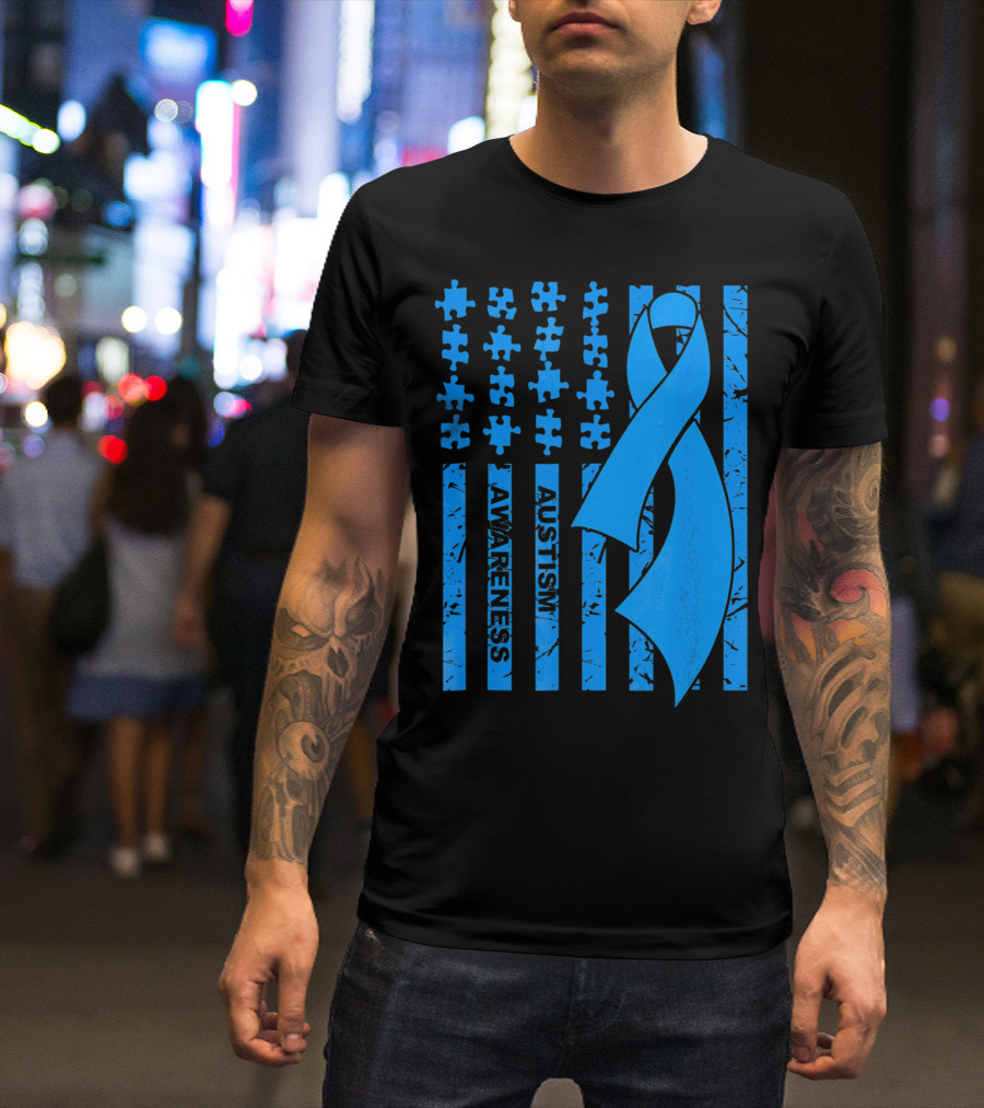 Autism Awareness Flag With Puzzle Pieces And Blue T-Shirt