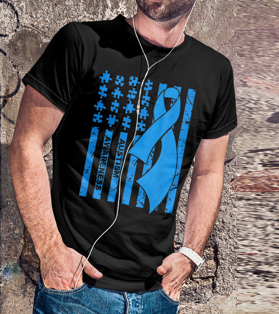 Autism Awareness Flag With Puzzle Pieces And Blue T-Shirt