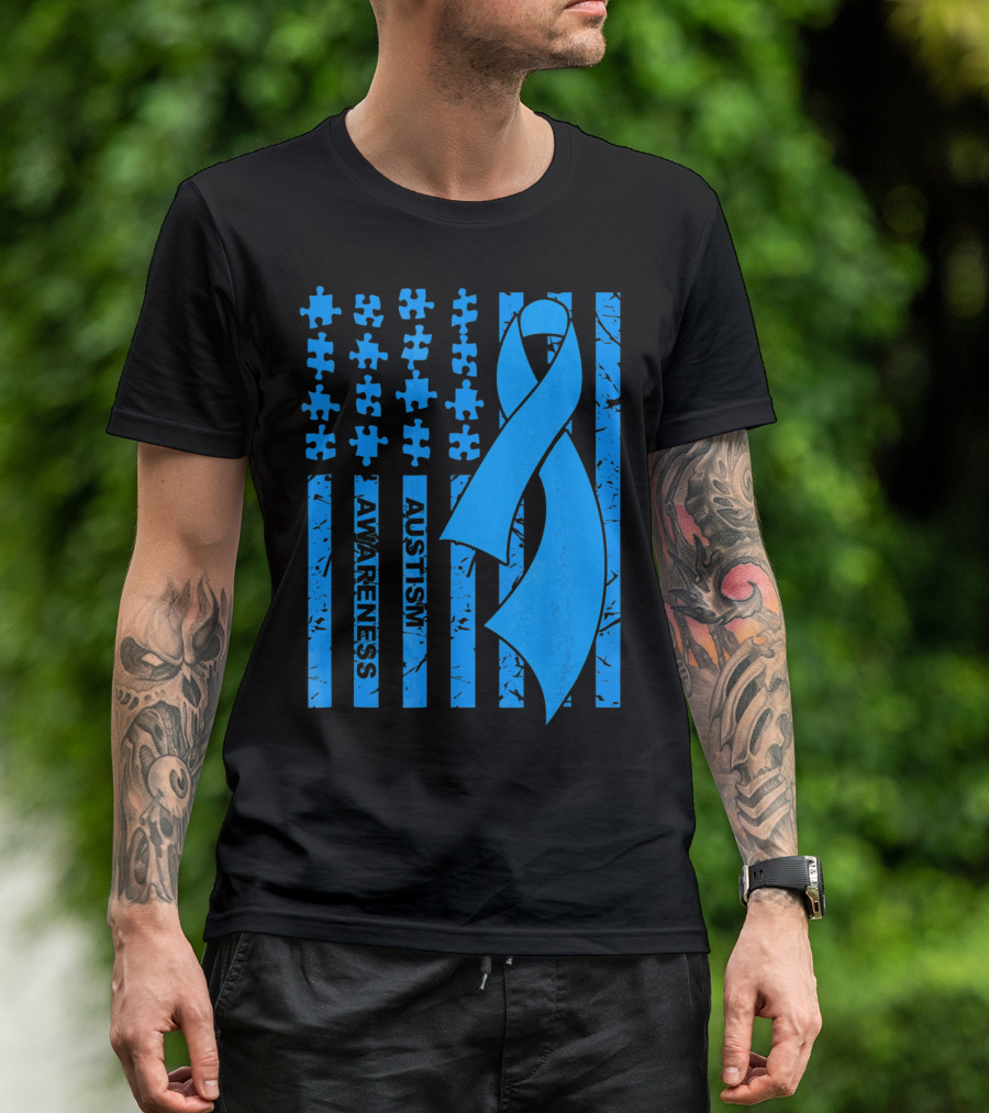 Autism Awareness Flag With Puzzle Pieces And Blue T-Shirt