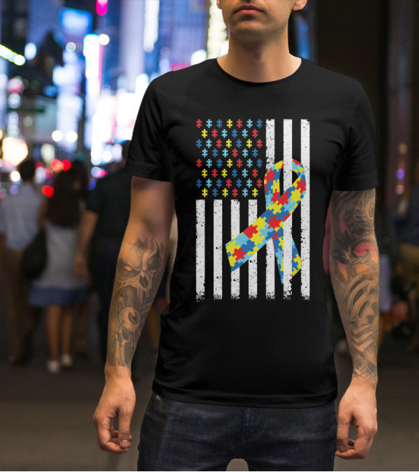 American Flag Puzzle Ribbon Autism Awareness T-Shirt