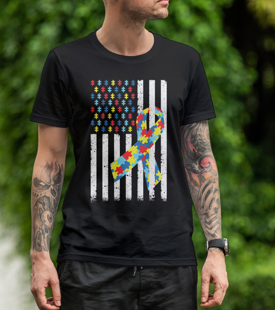 American Flag Puzzle Ribbon Autism Awareness T-Shirt