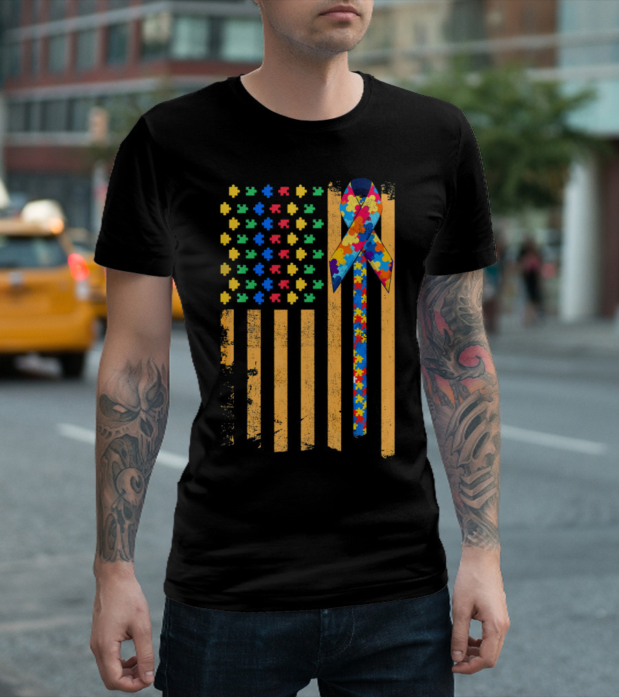 Autism Awareness Day American Flag Puzzle Ribbon T-Shirt