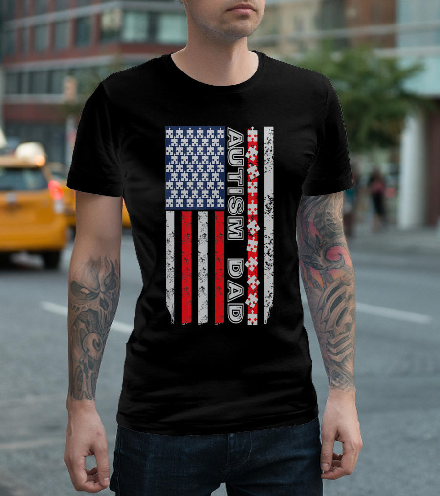 Mens Autism Dad American Flag Puzzle Piece Awareness T-Shirt