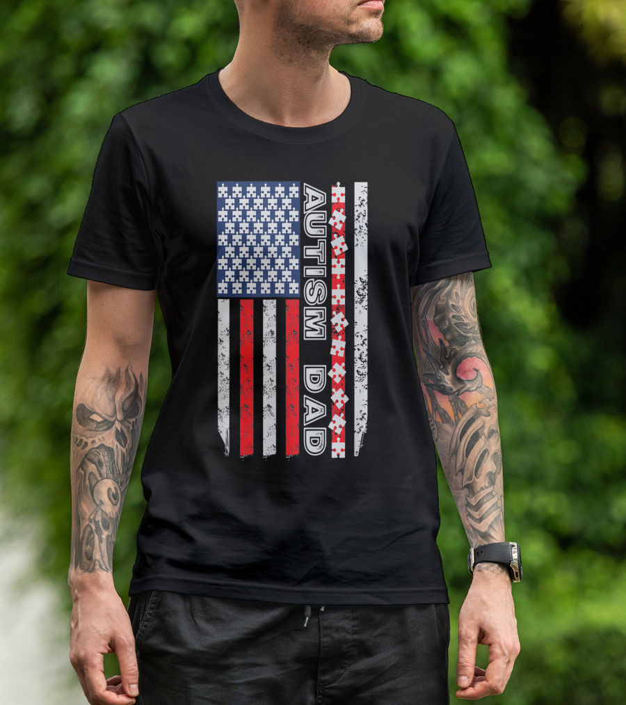 Mens Autism Dad American Flag Puzzle Piece Awareness T-Shirt